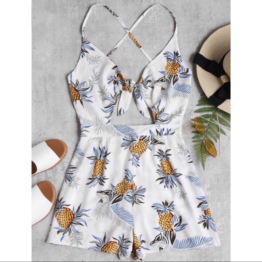 Tie Front Tropical Pineapple White Romper